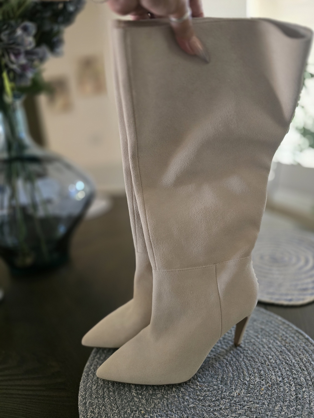 Vince Camuto Beige Knee-High Pointed-Toe Stiletto Boots